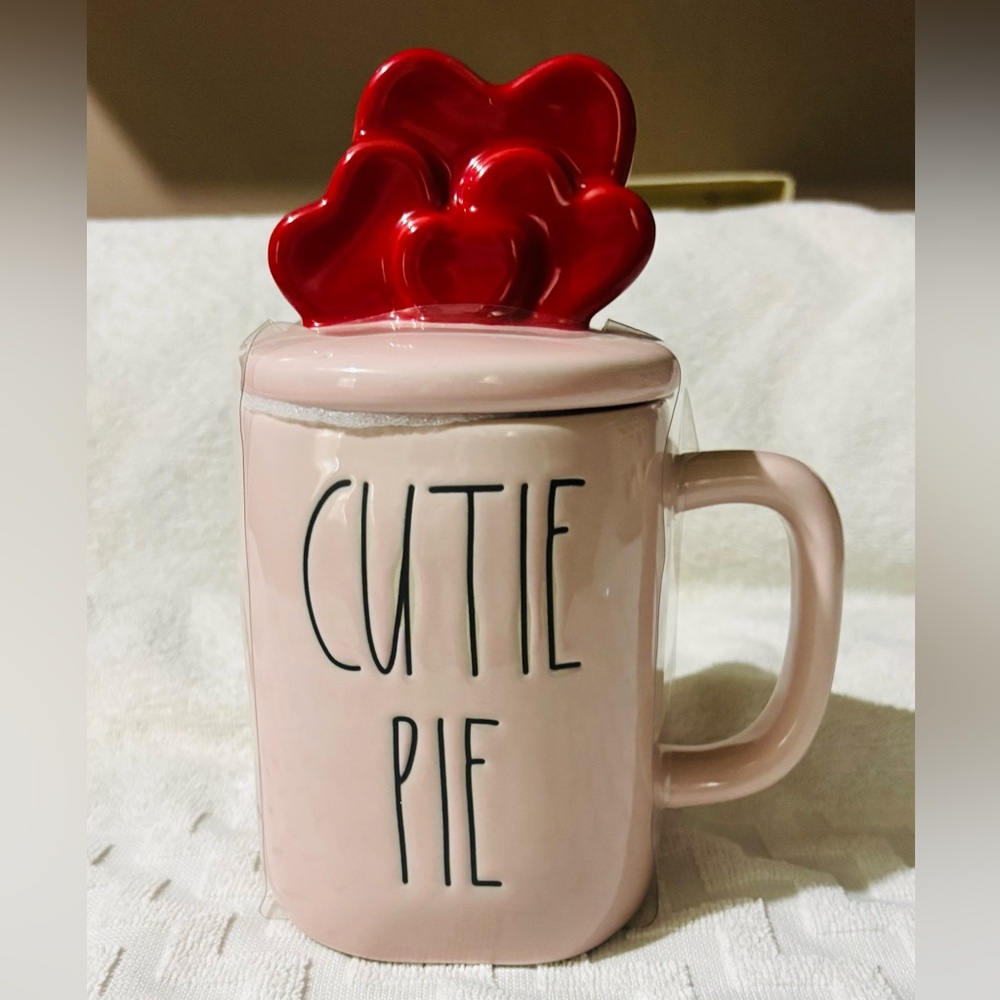 NEW Rae Dunn Pink 'Cutie Pie' Mug with Red Heart Lid